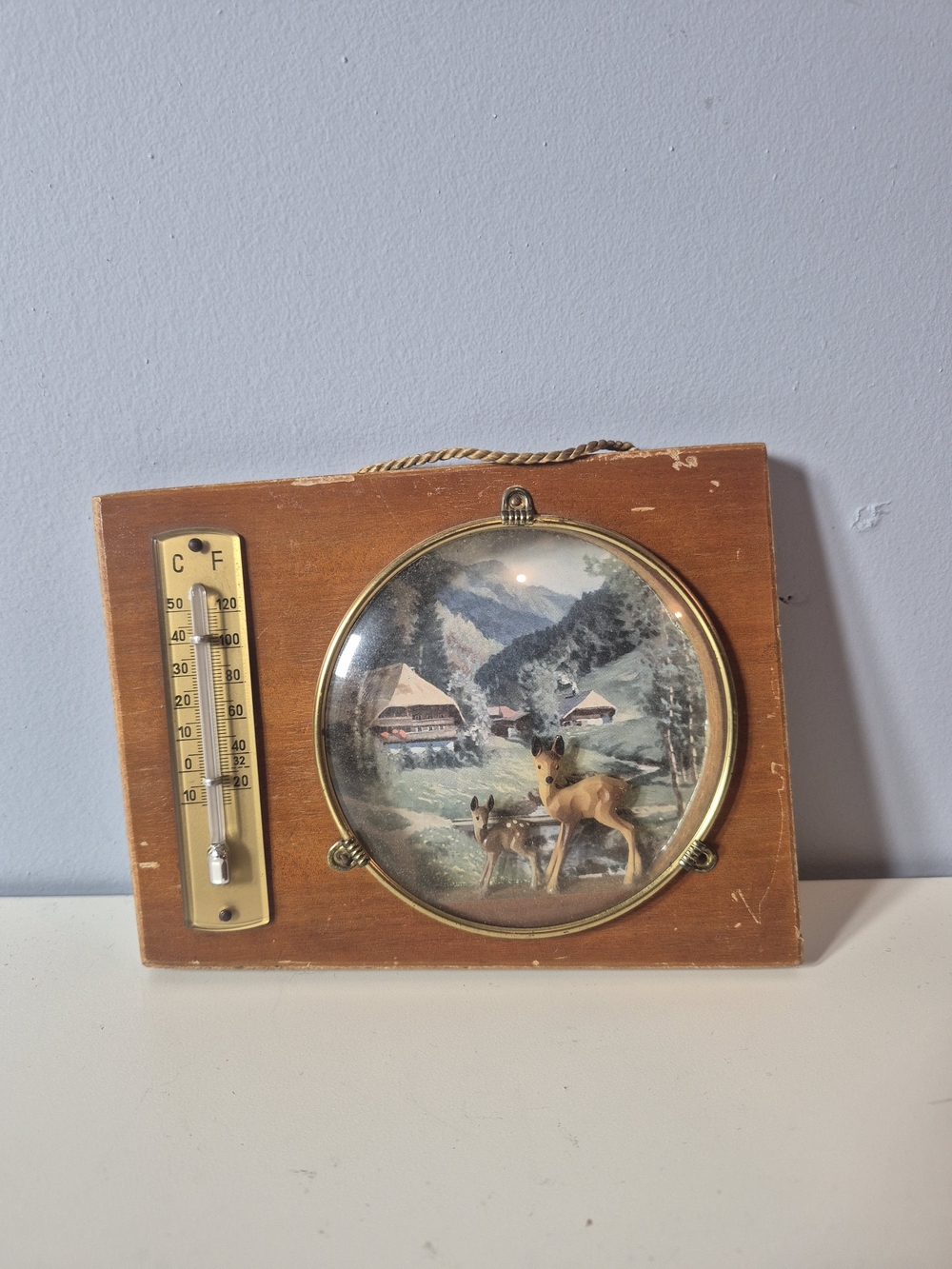 Vintage Alpine Deer Thermometer Wood Wall Plaque Mid-Century Cottagecore